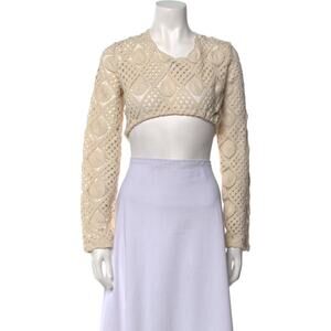 Andrea Iyamah White Crewneck Long Sleeve Crop Top Size OS
